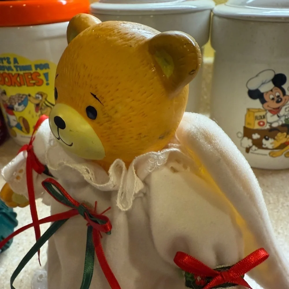 Vintage Angel Christmas Tree Topper Teddy Bear Figurine w/ Holiday White Dress